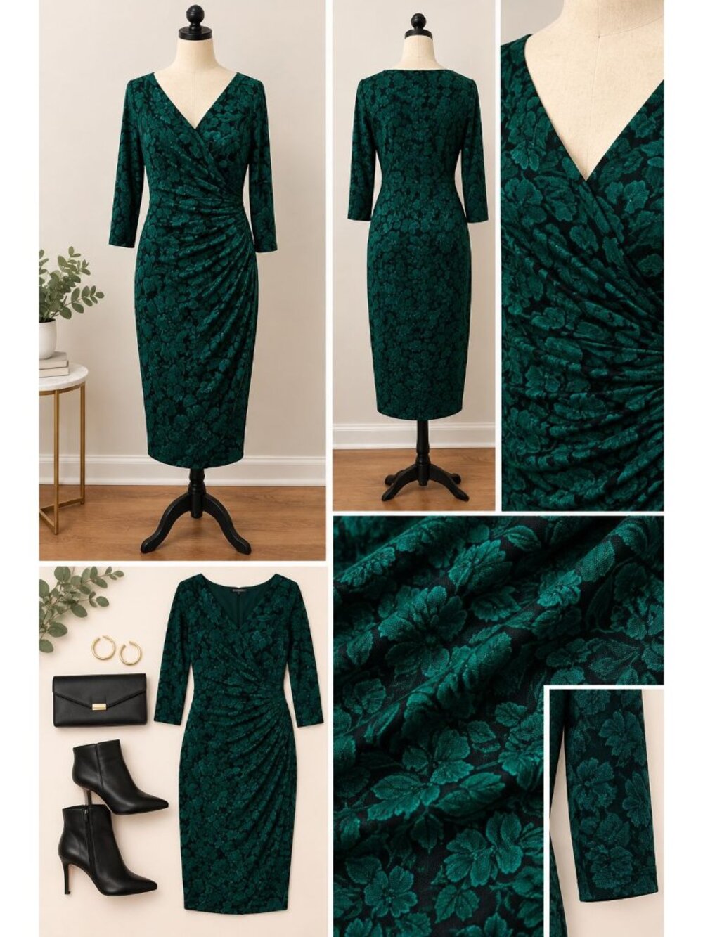 Lauren Ralph Lauren NWOT Green Black Floral Ruched Sheath Dress V-Neck 3/4 Sleev